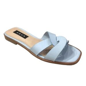 AQUA  Cross Padded Kelly Square Toe Slip on Leather Slide Sandals Ocean Blue 6